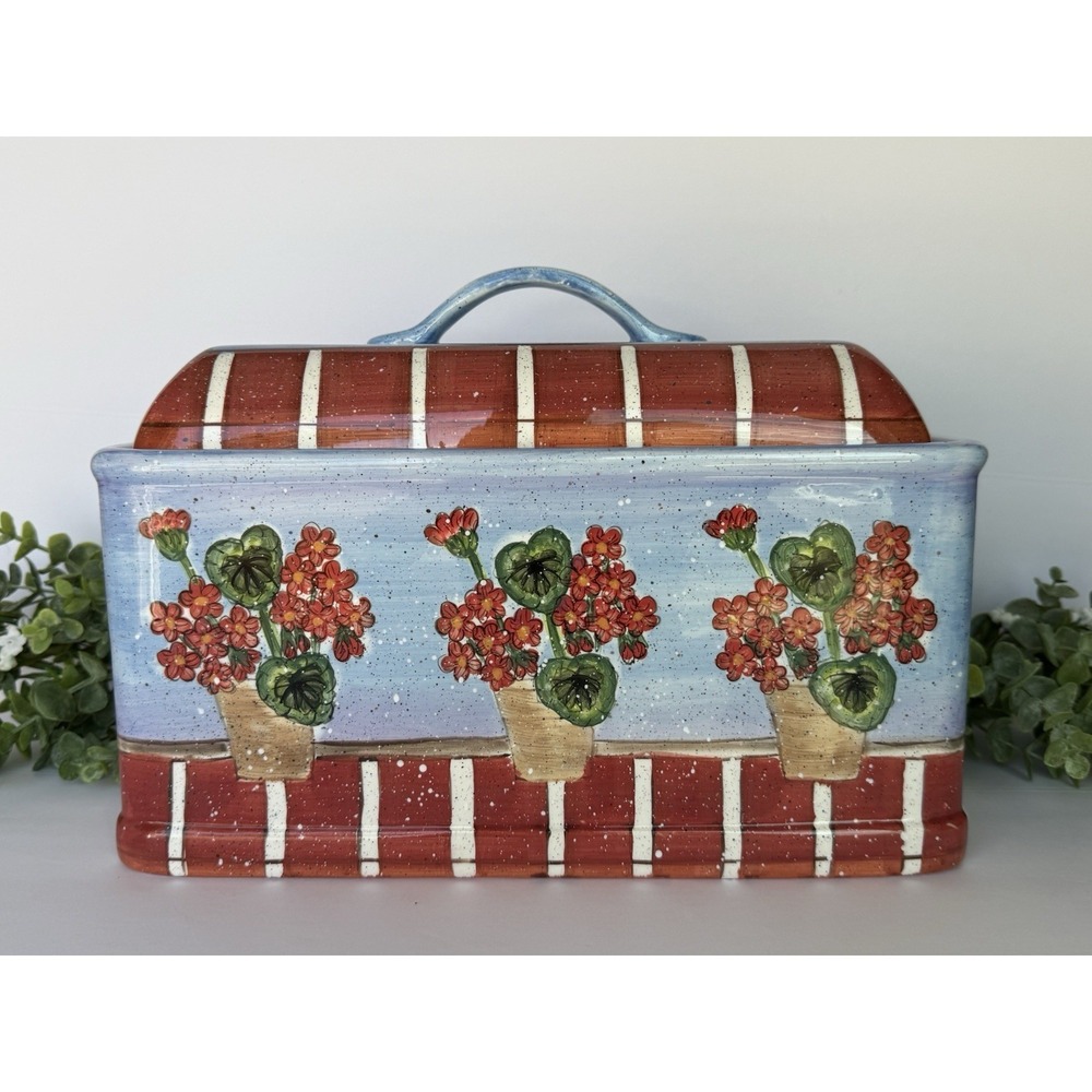 RARE‎ Dept 56 Ceramic Floral Lidded Bread Box/Planter/Decor Country Cottage Blue